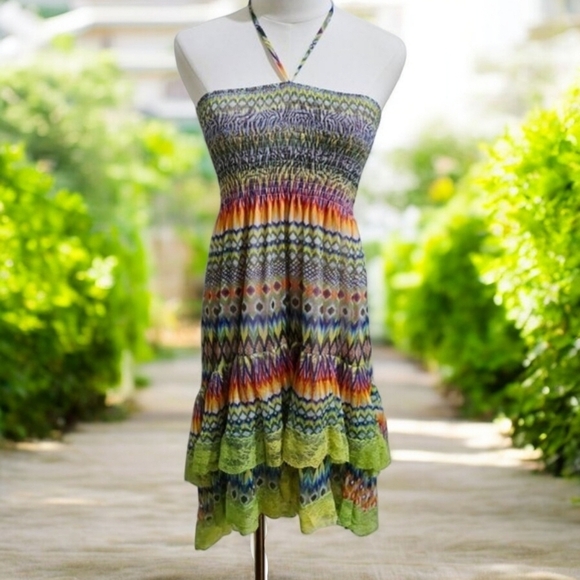 Lapis ✦ Boho Rainbow Halter Dress ✦ Lace Hi-Low Hem + Festival Vibes Sz S EUC - Picture 2 of 14